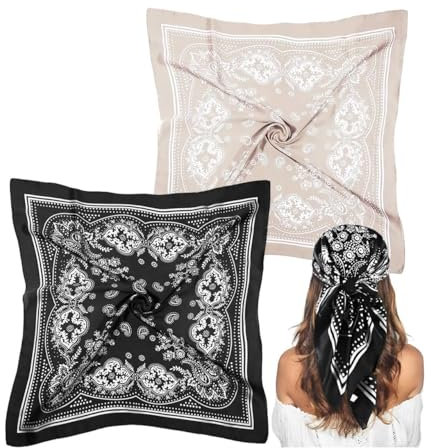HSUYUN 2 Stück Seidentücher, 70 x 70 cm Kopftücher für Damen, Schal aus Imitierter Seide, Schwarz und Kamel Quadratische Schals, für Kleidung, Hals, Kopf