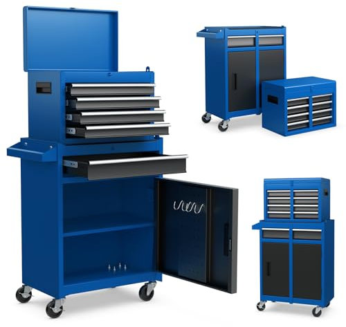 TANGZON Rolling Tool Chest, 2-in-1 Large Capacity Tool Cabinet with Wheels, 5 Drawers & Auto-Locking System, Heavy-Duty Metal Toolbox for Workshop, Warehouse, Garage (Black + Blue)