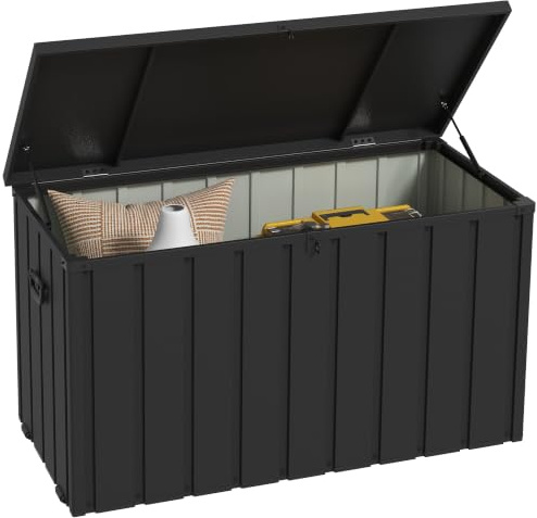 Outsunny Gartenbox 450L mit Gasdruckfedern für Balkon Garten Dunkelgrau | Auflagenbox Truhe, Aufbewahrungskiste, Aufbewahrungsbox mit Rollen, Stahl