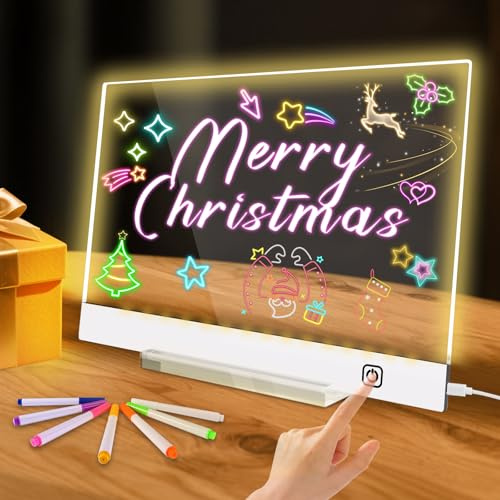 NZQXJXZ Tableau LED avec 7 Stylos Couleurs, Tableau Acrylique Lumineux Upgradé avec 4 Modes de Lumière, Tableau de Messages LED avec Boîte Cadeau, Carte et Chiffon pour Maison, École, Bureau