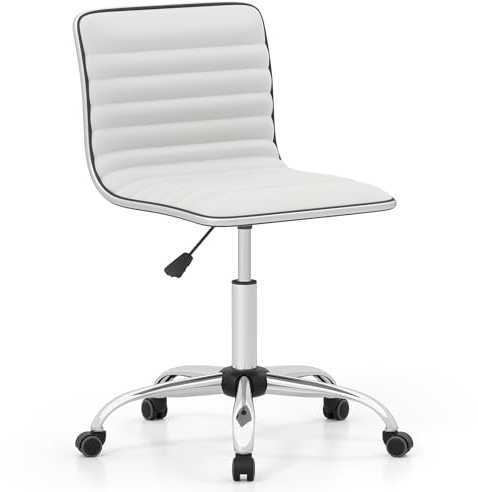 COSTWAY Ergonomisk kontorsstol, snurrstol utan armstöd, skrivbordsstol vadderad med hjul, chefsstol, datorstol kan belastas upp till 150 kg för hem, kontor, vit