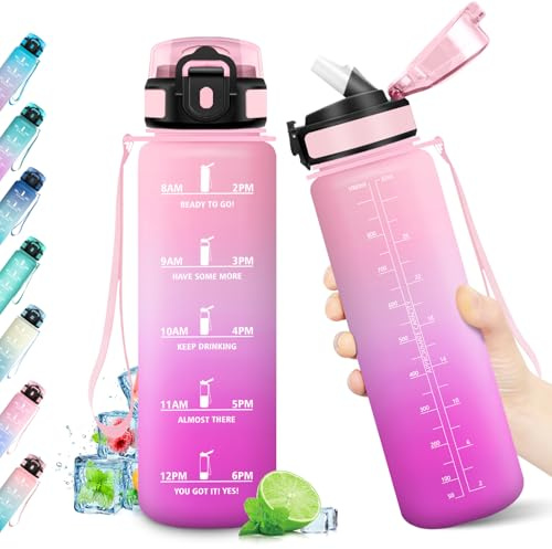 KollyKolla Gourde 1L, Bouteille Sport sans BPA, Réutilisable, Gourde Motivation avec Marqueur de Temps, Bouteille d'eau Étanche, Gourde Sport avec Paille, pour Yoga, l'école, Camping, Bureau, Fitness