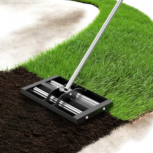 Warmiehomy Rastrillo nivelador de césped de 43 x 25,4 cm, nivelador de césped para jardinería con mango ajustable de 198 cm y barra rodante, rastrillo de jardín resistente para suelo, césped, campo de