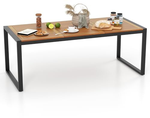 COSTWAY Tavolo da Pranzo a 8 Posti, Tavolo da Giardino 200 cm in Legno di Acacia, con Foro per Ombrellone da 5 cm, Gambe in Metallo, per Giardino, Cortile, Portata 75 kg (Modello 6)