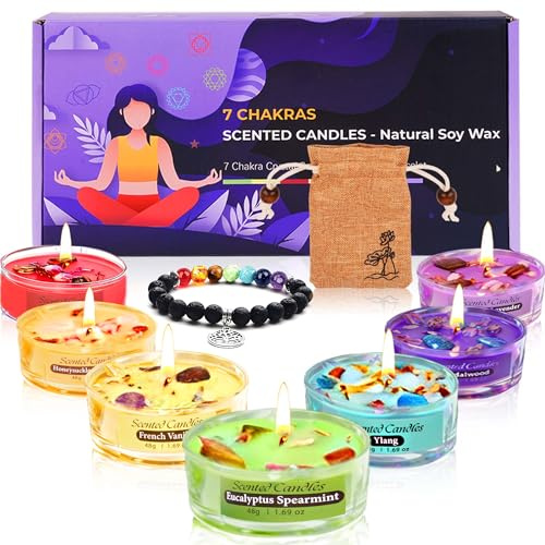 Set di 7 Candele Chakra - Candele profumate regalo per donne con cristallo premium e pietre curative, braccialetto Chakra, candela aromaterapia per yoga, meditazione, riduzione dello stress ed