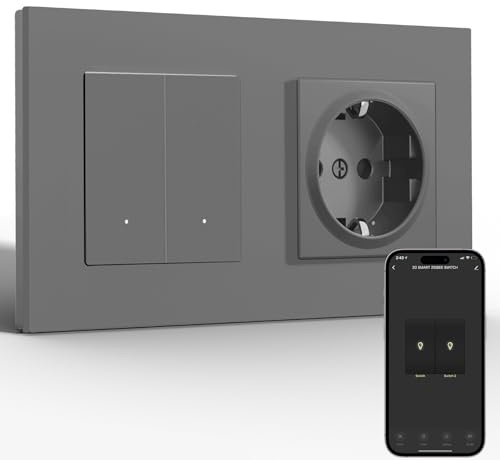 BSEED Enchufe Estándar con Smart Interruptor 2 Gang 1 Vía(Requiere Cable Neutro), WiFi Interruptor Pulsador Empotrado Marco de PC Compatible con Alexa y Google Home, Gris