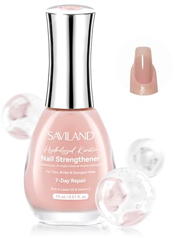 SAVILAND Nail Polish Strengthener for Damaged Nails, Air Dry Formula Nude | Nail Hardener Extra Strong and Growth 7-Day Repair Weak & Thin Nails with Castor Oil VE 15ml Nail Strengthener for Nail Care