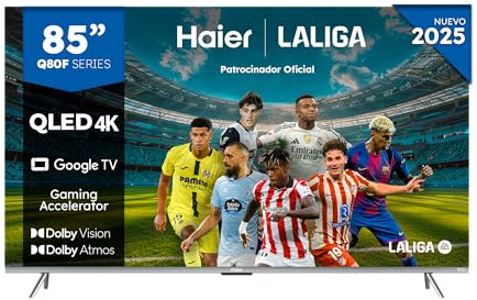 Haier QLED 4K UHD H85Q800UX - 85, Smart TV, Google TV, Dolby Atmos y Dolby Vision, HDR 10+, Smart Remote Control, Google Assistant, Bluetooth 5.1, DBX TV, HDMI 2.1 x 4, Sin Marcos, 2024