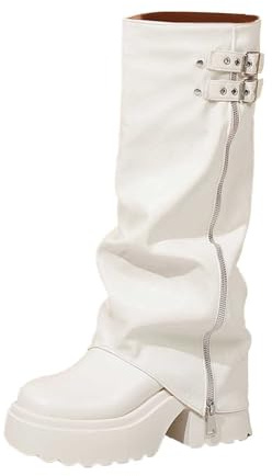 BIBOKAOKE Stivali da donna comodi in pelle PU, eleganti alla moda, con plateau e punta tonda, a gambo lungo, in tinta unita, con cerniere laterali, stivali invernali alti al ginocchio, bianco, 35 EU