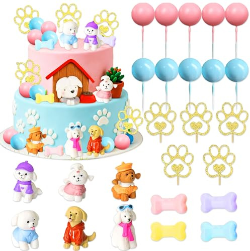 Dog Cake Topper Figurines Puppy Ball Cake Decoration for Dog Theme Birthday Party Paw Party Baby Shower Supplies