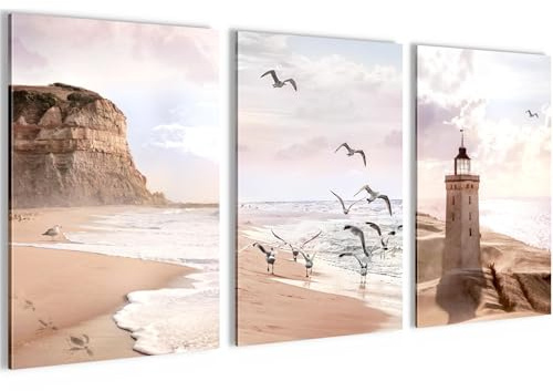 Novart Bilder Set Strand und Meer - KEIN EXTRA RAHMEN BENÖTIGT - Wandbilder für Wohnzimmer Schlafzimmer Büro - 3 Teilig Deko Küste - N040236a