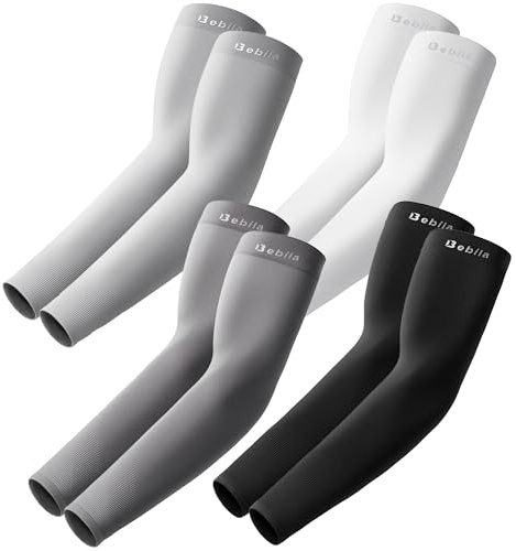Bebila Arm Sleeves for Men Women, UV Sun Protection Sports Cooling Compression Sleeves for Basketball Golf Outdoor (Black+dark Gray+light Gray+white, Medium)