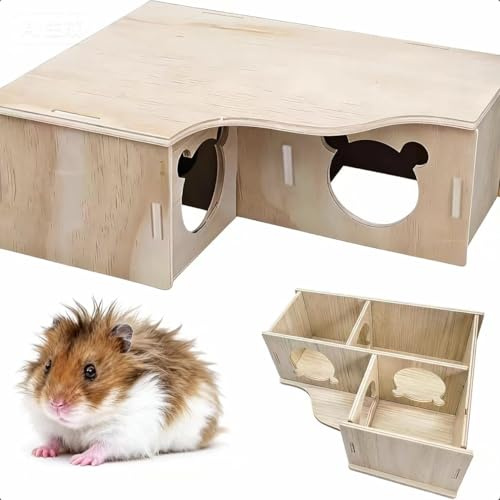 RARITYLL Wooden Hamster Hideout with Lid - Multi Chamber House, Platform & Hide for Syrian Dwarf Hamsters, Mice, Gerbils Small Pets