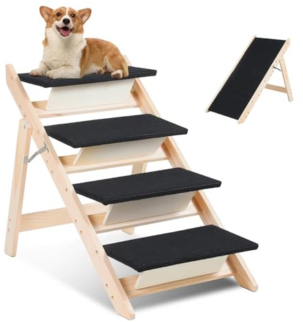 Fogmiea Hundtrappa, 4 steg, 2-i-1 vikbar hundramp av trä, halkfri med låg lutning, husdjurstrappa för säng soffa soffa bil, skonsam mot leden, stabil lastbar, upp till 80 kg