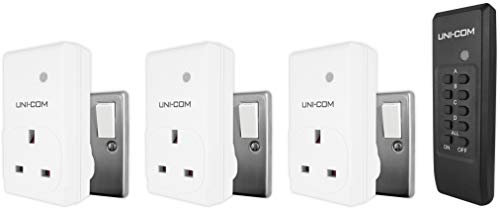 Uni-Com Wireless Remote Control Sockets, 20 Metre Operating Range, Easy to Use for Switching Lamps, Televisions & Household Appliances On & Off – 3 Pack & 1 Remote
