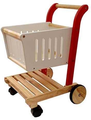 roter Einkaufswagen aus Holz, Kaufladenzubehör