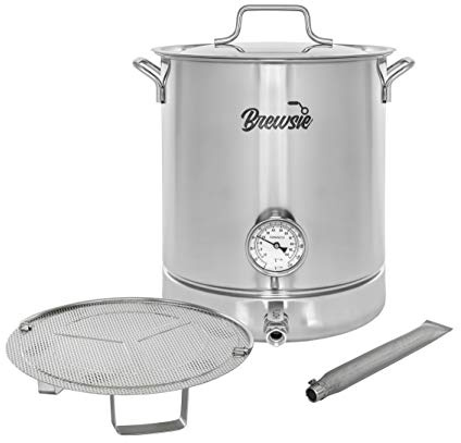BREWSIE Stainless Steel Home Brew Kettle w/Dual Filtration. Equip with False Bottom Thermometer and Ball Valve for Brewing (8 Gal/ 32 QT)…