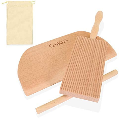 Gaiklia Gnocchi Board with Paddle - Authentic European Beechwood Garganelli Homemade Pasta Stripper - Complete with Butter Dough Cutter