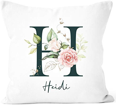 SpecialMe® Kissen-Bezug Buchstabe personalisierbar Initiale Monogramm Rosen-Blüten persönliche Geschenke mit Name weiß 40cm x 40cm