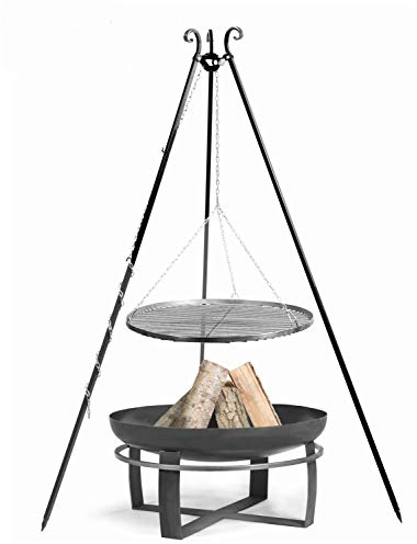 Set: Dreibein H 180 cm mit Grillrost Ø 50 cm aus Rohstahl + Feuerschale Viking Ø 60 cm Grillen CookKing