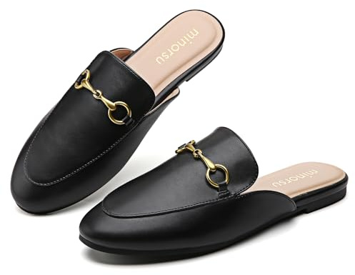 Minorsu Buckle Mules for Women Round Toe Backless Flat Mules Slides Mules Shoes Ladies Slip-on Loafers