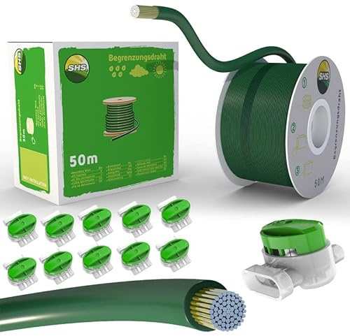 50m Begrenzungskabel + 10 GRÜNE Kabelverbinder für Mähroboter Rasenmäher Rasenroboter Zubehör SET Begrenzungsdraht für Suchkabel - kompatibel mit GARDENA/BOSCH/HUSQVARNA/WORX/HONDA/ROBOMOW