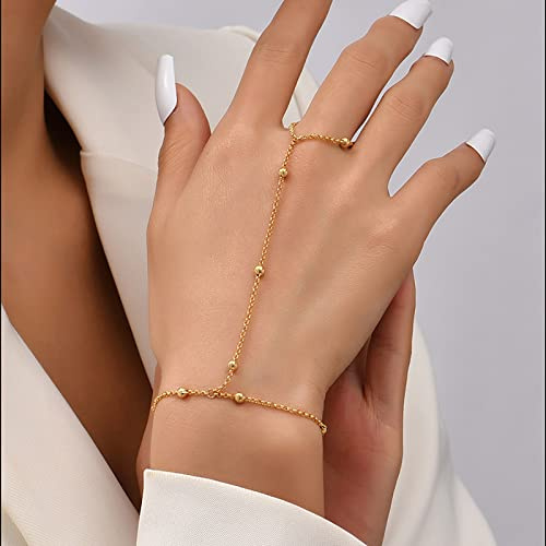 TseenYi Sklavenfingerring Armband Boho Fingerring Armband Gold Perlenkette Sklavenfingerring Handgeschirr Schmuck Für Frauen Und Mädchen（1 Stück)