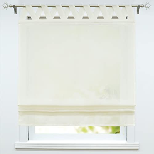 ESLIR Raffrollo mit Schlaufen Leinen Raffgardine Landhaus Schlaufenrollo Halbtransparent Küche Gardinen 1 Stück BxH 140x140cm Milchweiß