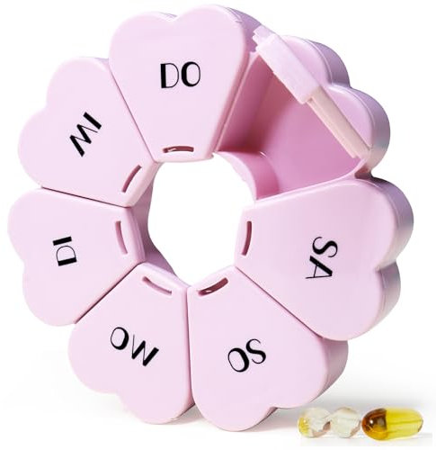 MOLN HYMY Niedliche wöchentliche Pillendose, Rosa, 7 Tage, gelbe runde Pillendose mit Blumenmuster, 1 mal pro Tag