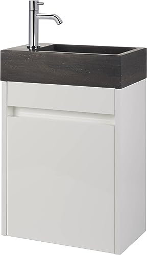 Saqu Florence Gäste WC Waschbecken mit Unterschrank Vormontiert - in glänzendem Weiß mit Naturstein-Waschbecken und Chromhahn Links - Kleines Gäste WC Bad Möbel mit Waschtisch