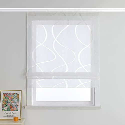 Joyswahl Voile Raffrollo mit Ausbrenner Wellenmuster »Yuna« Raffgardine mit Klettschiene Schals Fenster Unifarbige Vorhänge BxH 60x140cm Weiß 1 Stück