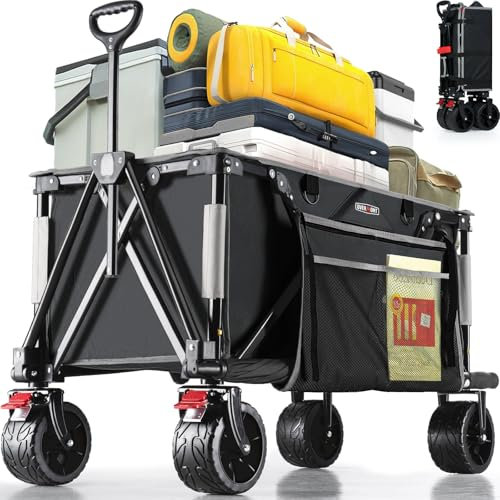 Overmont Faltbar Alle Gelände Bollerwagen - 6 CM Breite Räder - 150I großes Fassungsvermögen mit Seitentaschen Getränkehalter Verstellbarem Griff - bis 150 kg Tragkraft - für Camping Sport Einkaufen