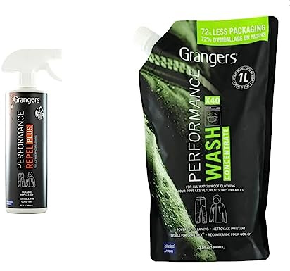 Grangers Performance Repel Plus | 500ml | Powerful spray-on waterproofer for outdoor clothing & Performance Wash | Eco Pouch | 1 Litre | Cleans