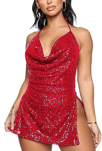 BOLLEY Joss Mini Robe Moulante À Paillettes Dos Nu avec Ourlet Fendu, Col Bénitier Sexy, Robe De Cocktail, Rouge, Taille S