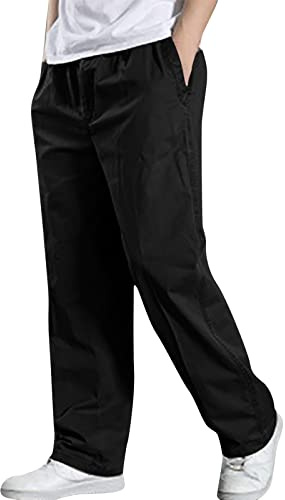 Lightweight Khaki Pants for Men Linen Mens Pants Casual Cotton Solid Straight Hidden Expandable Waist Loose Trousers Fashion Sport Sweatpants Black 6X