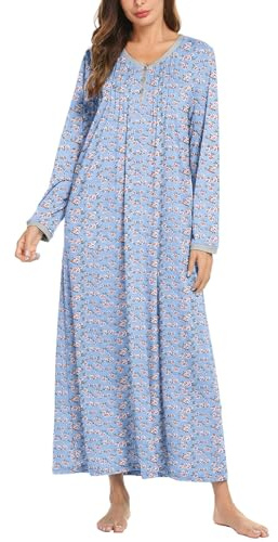 Ekouaer Camicia da Notte da Donna A Maniche Lunghe Invernale Con Scollo A V - Abito da Casa Taglie Grandi, Cartamo Blu, M