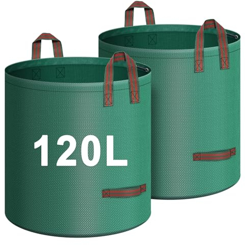 IWTTWY Gartenabfallsack 2x 120L, Wiederverwendbar Gartensack mit 4 Griffe Stabil Robust & Faltbar, Garten Sack Laubsack, Groß Abfallsack für Gras Laub Hecke Gartenabfall aus Polypropylen