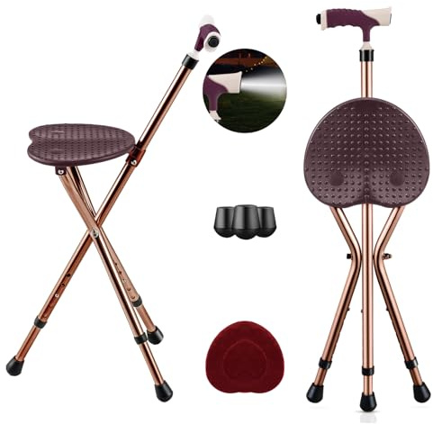 S AFSTAR Walking Cane with Seat, Height Adjustable Cane Chair with LED Light & Retractable 3 Legs, Portable Anti-Slip Seat Cane, Heavy Duty Walking Stick Chair for Seniors Elderly (Coffee)