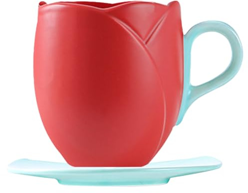 HTU Tulip Coffee Cup with Saucer Ceramic Tulip Shaped Teacup Creative Vintage Tulip Tea Mug for Home Afternoon Tea