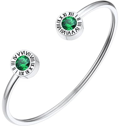 FindChic Armreif Damen Edlestahl Geburtsstein Armkette Römische Ziffer Armband Valentinstag Offen Armschmuck Muttertag Geburtstags Weihnachten Geschenk für Sie Frauen Freundin mama