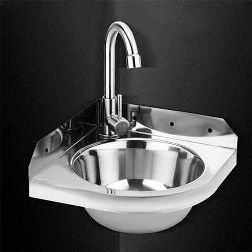 Wandhalterung Eckwaschtisch,Badezimmer-Waschbecken aus Edelstahl mit Kaltwasserhahn Mini Dreieck Waschbecken Becken Für Badezimmer Öffentliche Plätze(26x26x13.5cm)