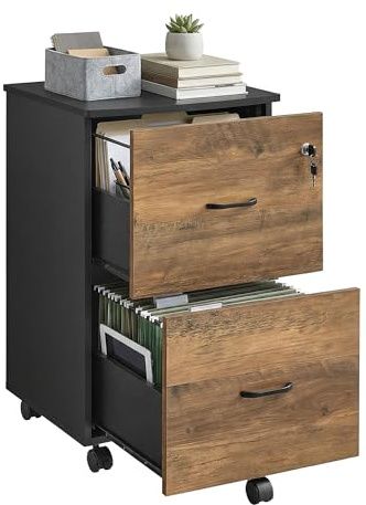 VASAGLE 2-Drawer Lockable File Cabinet for Home Office, Rolling File Cabinet, Printer Stand, A4, Letter-Size Hanging Files, Assembly Required, Honey Brown and Ink Black CUSTOS Collection LCD027KB02