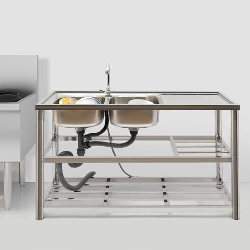 120*45*80cm Gastronomie Spüle Gewerbe, Edelstahl Küche Doppelschüssel Abflusseinheit & Wasserhahn, Freistehende Edelstahl Spültisch Gastro 2 Becken,für die Reinigung von Geschirr,Töpfen und Pfannen