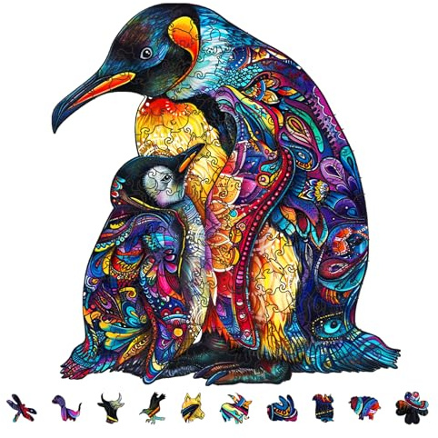 GLOBLELAND 200Pcs Penguin Wooden Jigsaw Puzzles for Adults 11x12inch Animal Wood Puzzle Colorful Unique Shaped Wooden Puzzle for Birthday Gifts