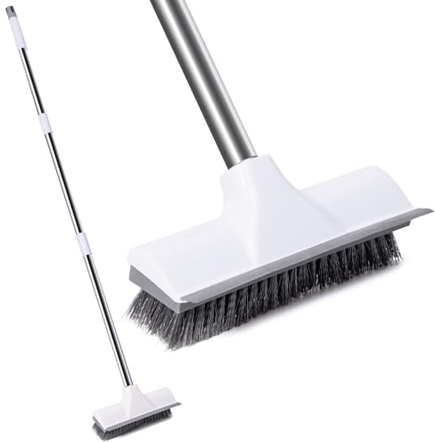 Ocves Floor Scrubbing Brush with adjustable Long Handle, 2 in 1 Stiff Bristle Scrape Brush and floor Squeegee for Cleaning Bathroom, Deck, Tile, Patio, Kitchen, Garage, walls and pools