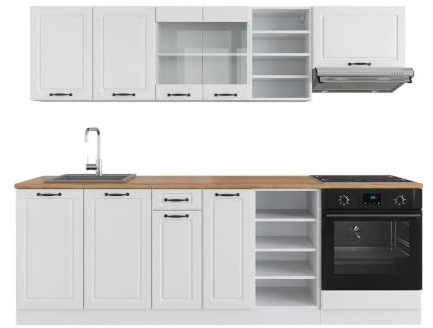 Vicco Küchenzeile R-Line, Weiß Landhaus/Weiß, 240 cm | 10 Module · Höhenverstellbare Füße · AP Eiche inkl. · MDF-Fronten · Mit Herdumbauschrank · Frei kombinierbar