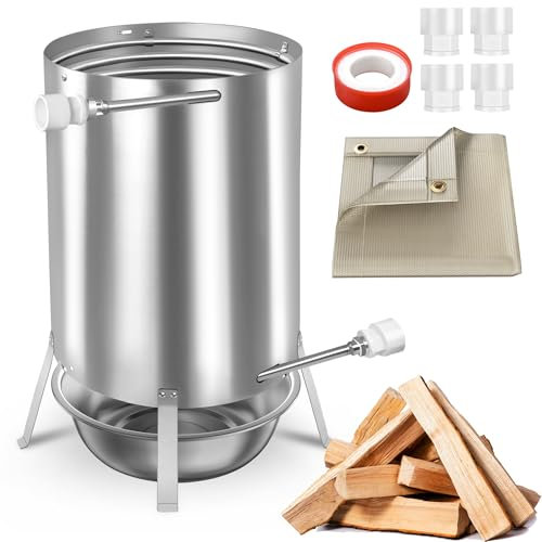 PEILU Feuertonne mit Heizspirale, Ø32mm / Ø38mm Anschluss, Feuerfeste Matte & Restasche Auffangwanne, Edelstahl Gartendusche Heizungen Pool Beheizt Eimer Poolheizung mit Feuer für Schwimmbäd