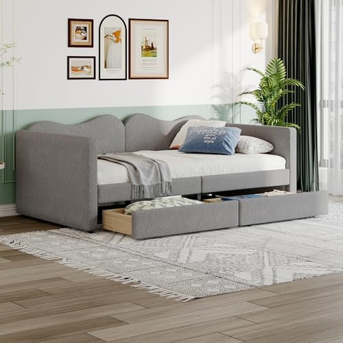 WIZBED Kinderbett Polsterbett 90x200 cm, Tagesbett Sofabett mit 2 Schubladen, Bettrahmen,Teddybärstoff, Gästebett mit Rückenlehne und Armlehnen, Ohne Matratze (Grau A, 90x200)