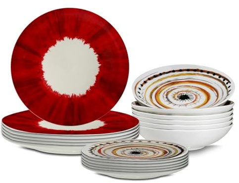 ARCA, Apulia - Juego de 18 platos a juego en espiral de porcelana, para 6 personas, con platos hondos, platos llanos y de postre, color rojo