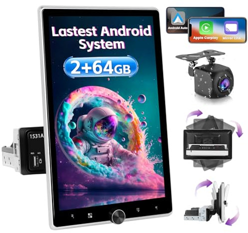Inefala Android 15 Autoradio 1 Din CarPlay con Schermo (2+64G) 10,4 Pollici Rotante Touchscreen Stereo Auto Bluetooth con Wireless Android Auto Mirror Link FM RDS GPS WiFi Telecamera Posteriore USB